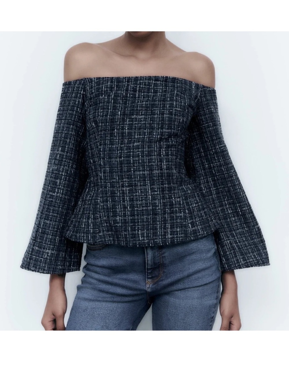 Zara Off-Shoulder Tweed Top in Navy and White